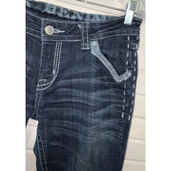 MEK DENIM Sz 29 32 St. Louis Easy Bootcut Dark Wash Denim Jeans Distressed EUC - Picture 3 of 9